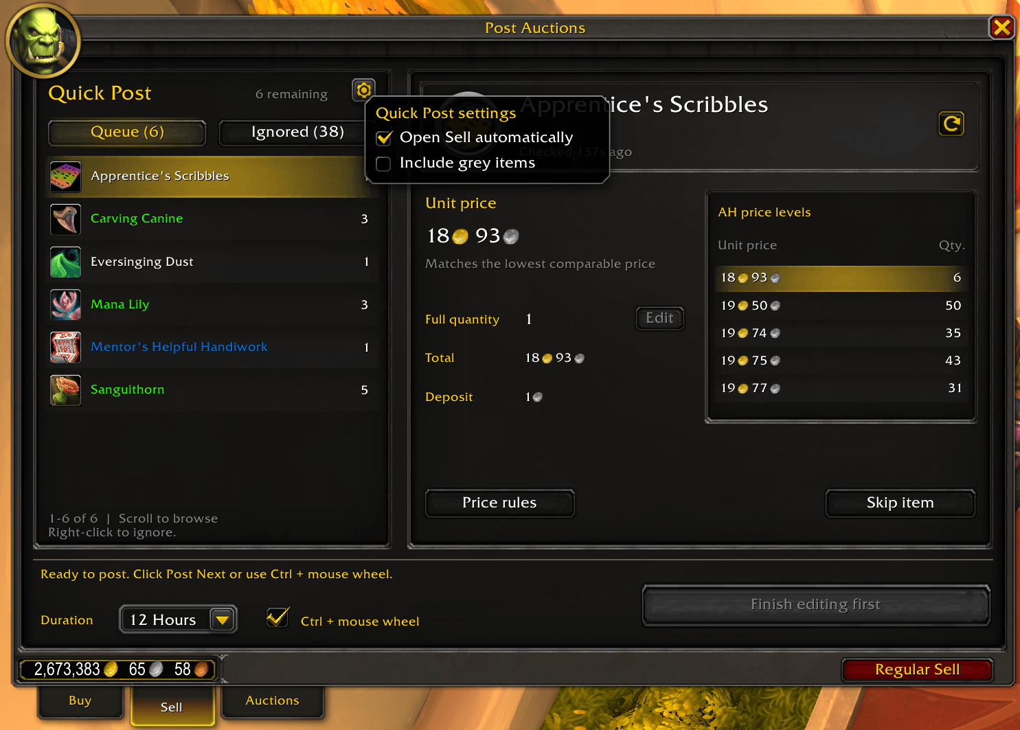 Quick Post settings for automatic Sell-tab opening and grey-item filtering