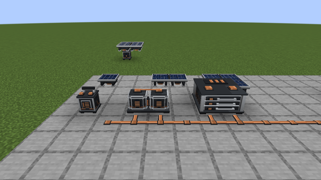 Thumbnail Three battery tiers store the surplus; a solar panel placed on top charges the battery below.