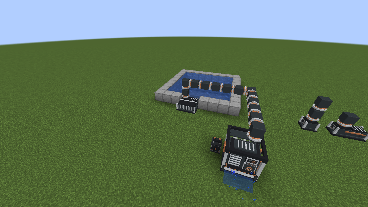 Thumbnail Pumps draw from the water and feed a single 2x2x2 hydro turbine through pipes.