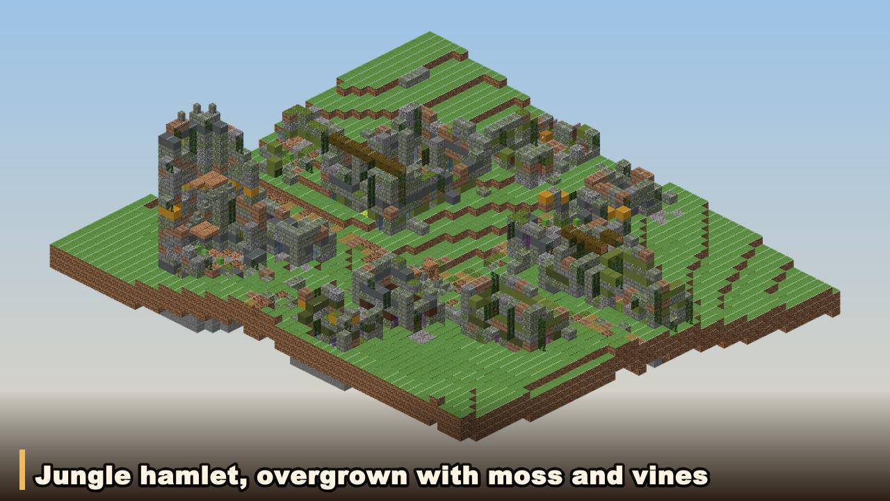 Jungle hamlet, overgrown with moss and vines