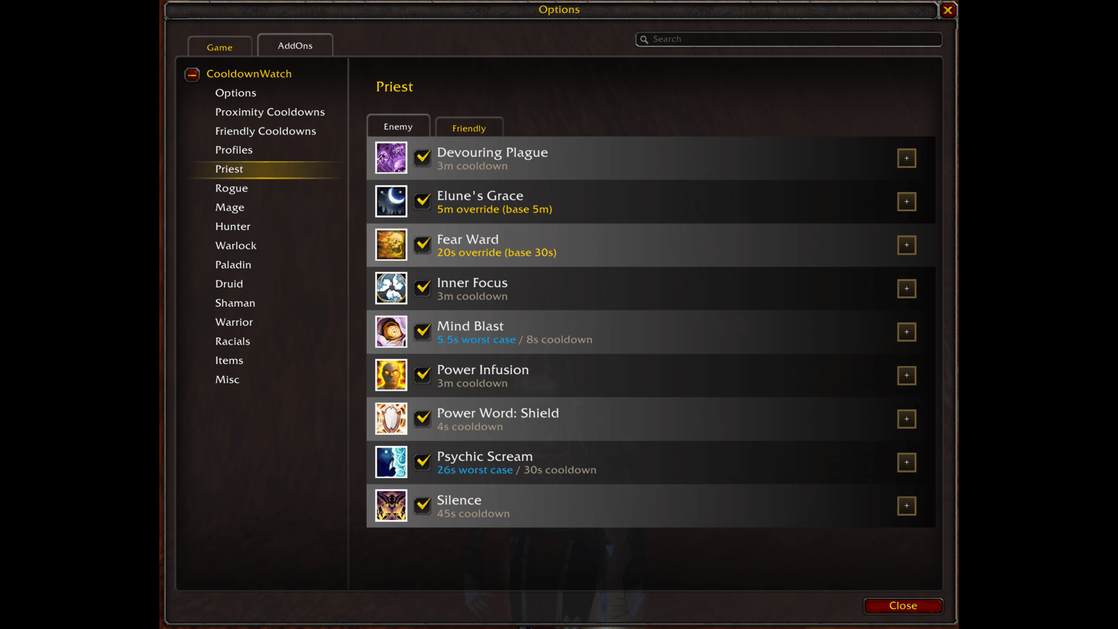 Thumbnail Pick exactly which enemy cooldowns you want to see. Every spell toggles on its own, grouped into one category per class plus racials, items and consumables.