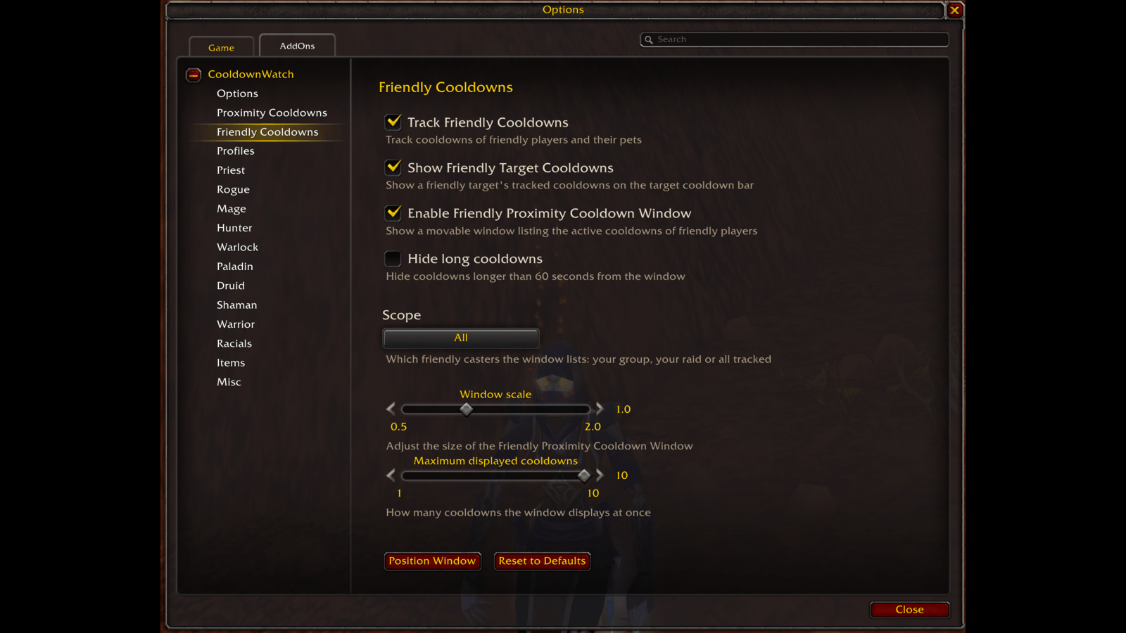 Thumbnail Watch your own side too: opt-in tracking shows teammate cooldowns on the target bar and in a friendly proximity window, scoped to your party, raid or everyone tracked.