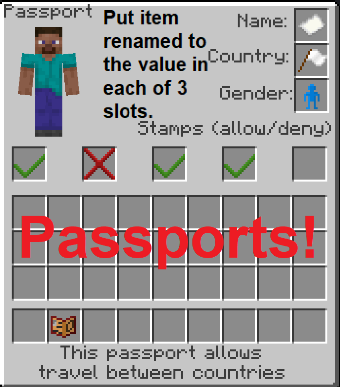 Thumbnail You can make a passport for yourself or other players! You can rename an item and put it in the "Name" slot and the mini player will have your skin! You can also pick the country, gender, and play border control officer with the stamps mechanic!