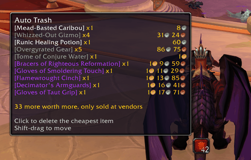 One button deletes the cheapest trash first — the tooltip shows what’s next and what it’s worth.