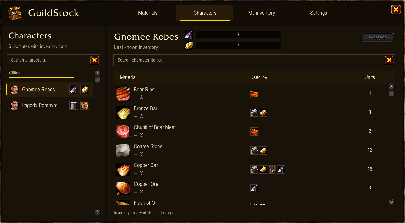 Guild character inventory with primary-profession bars and offline group