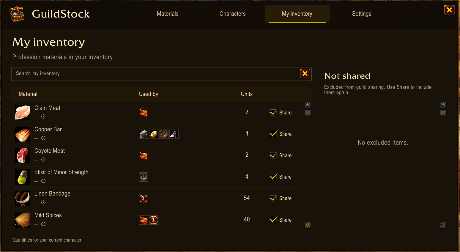 My inventory with profession uses and individual sharing controls