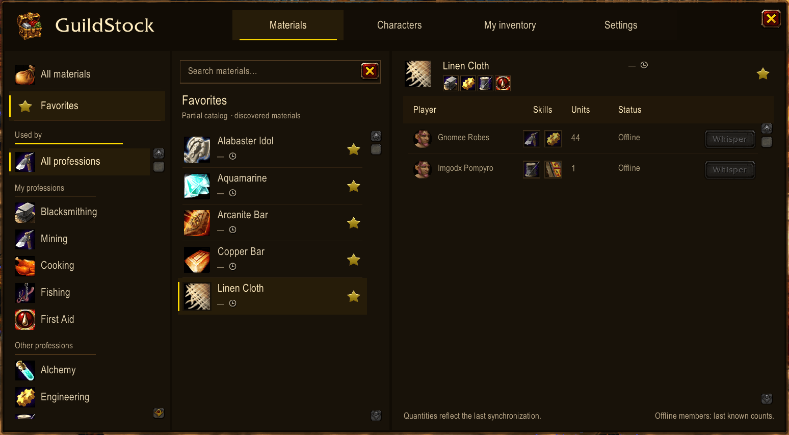 GuildStock materials, favorites and guild inventory
