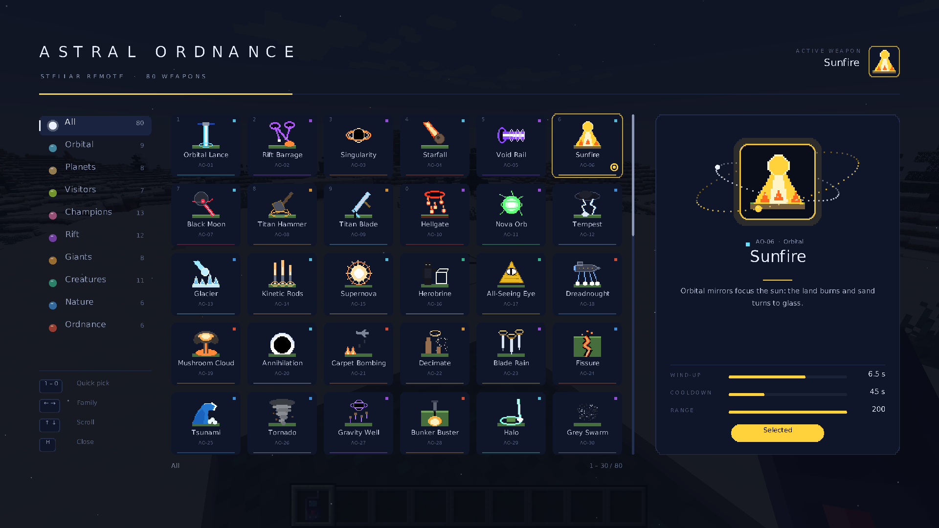 Pick from 86 weapons in nine families. Every weapon shows its wind-up, cooldown and range.
