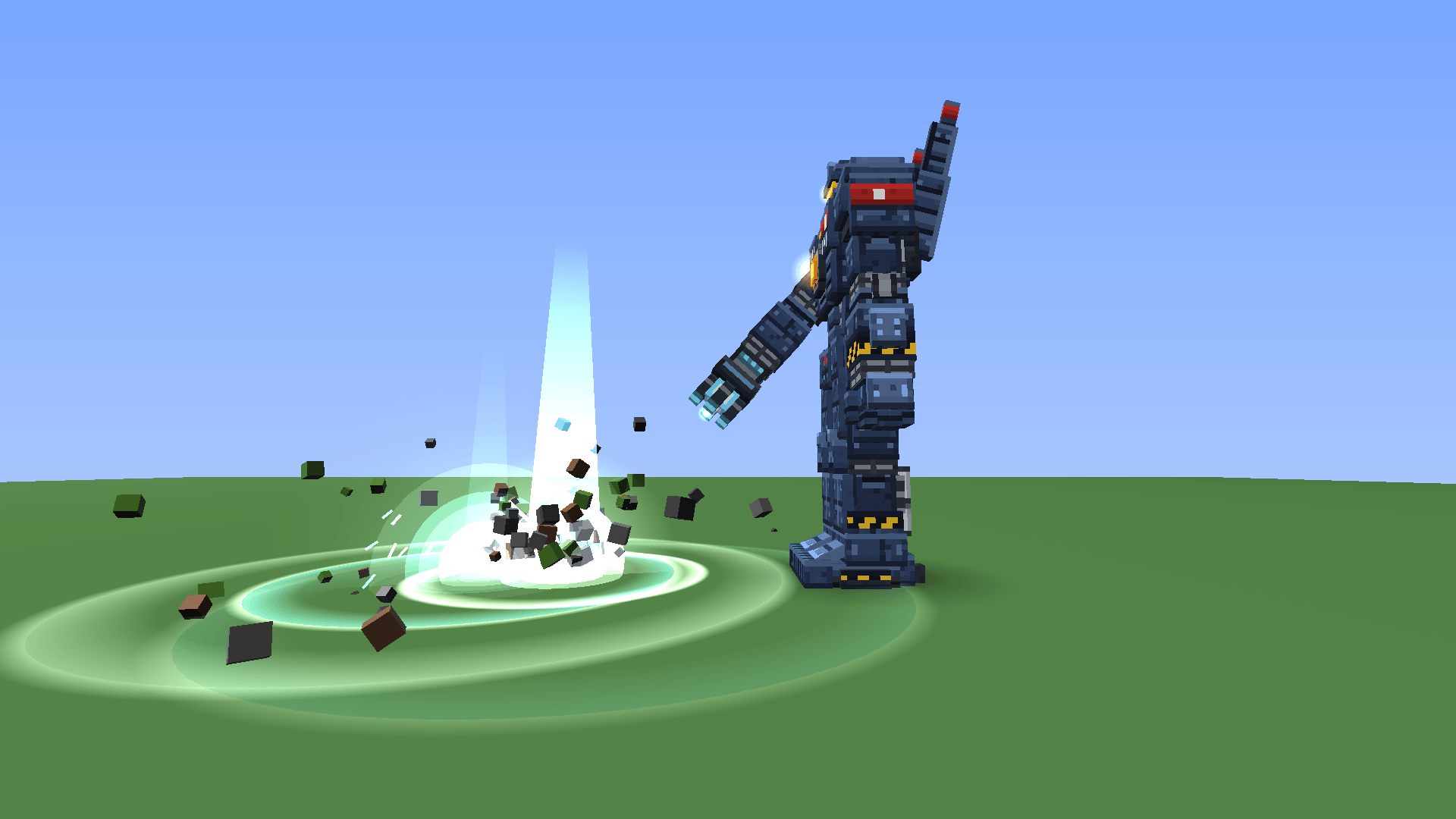 Thumbnail It falls from orbit, stands up, and fires its plasma cannon four times.