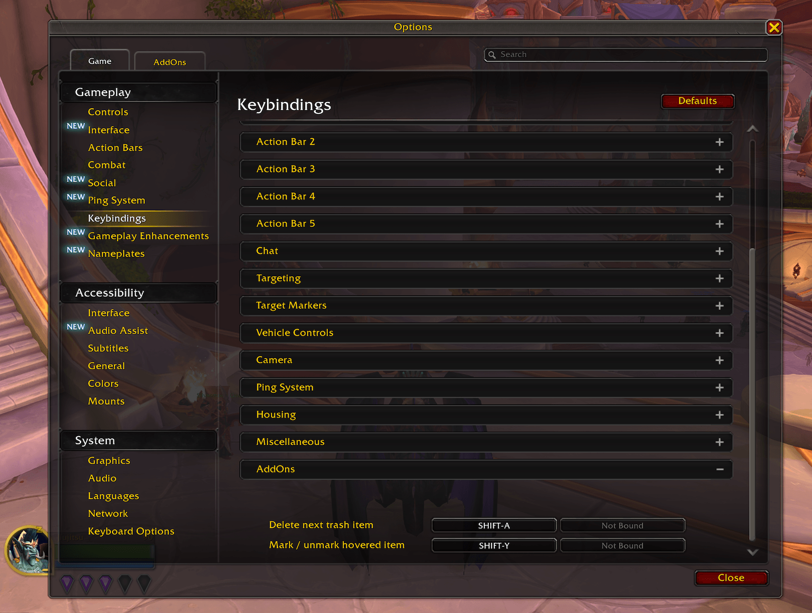 Two optional keybinds — assign them under Options → Keybindings → AddOns.