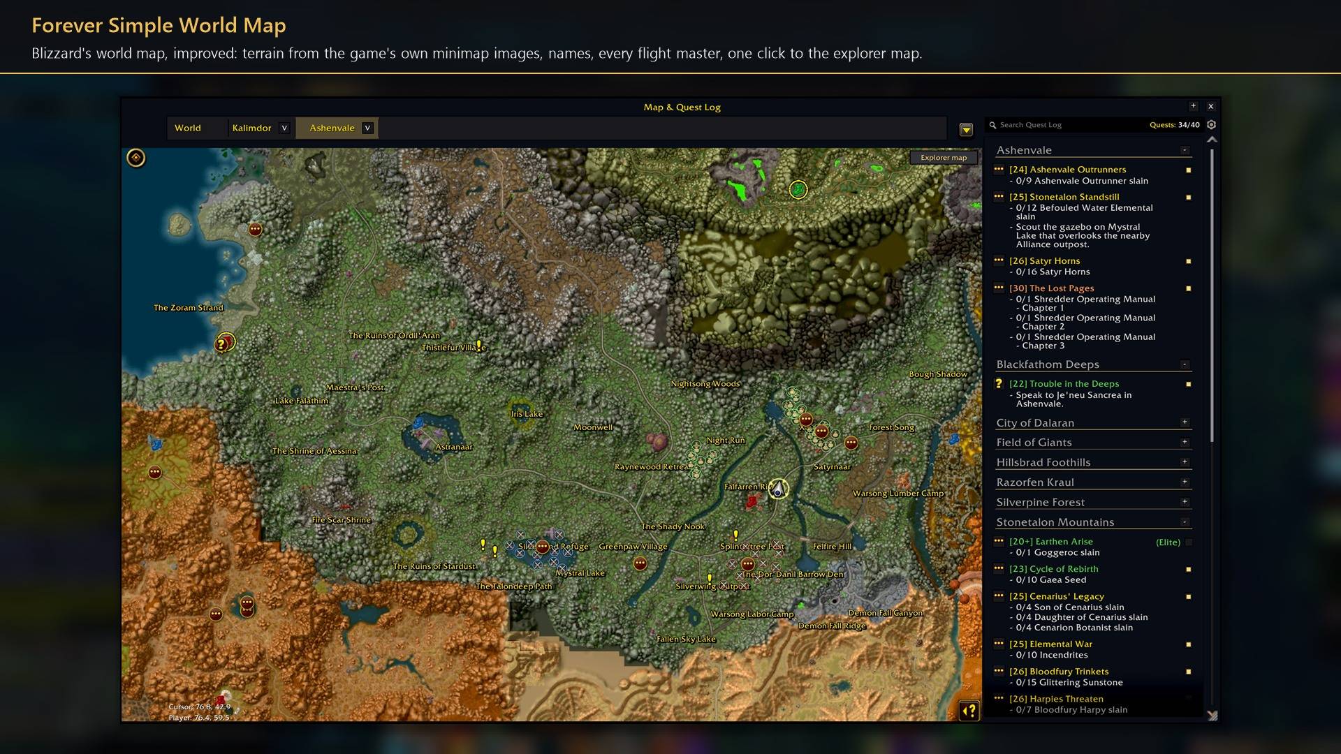 Blizzard's world map, improved: terrain from the game's own minimap images, names, every flight master, one click to the explorer map.