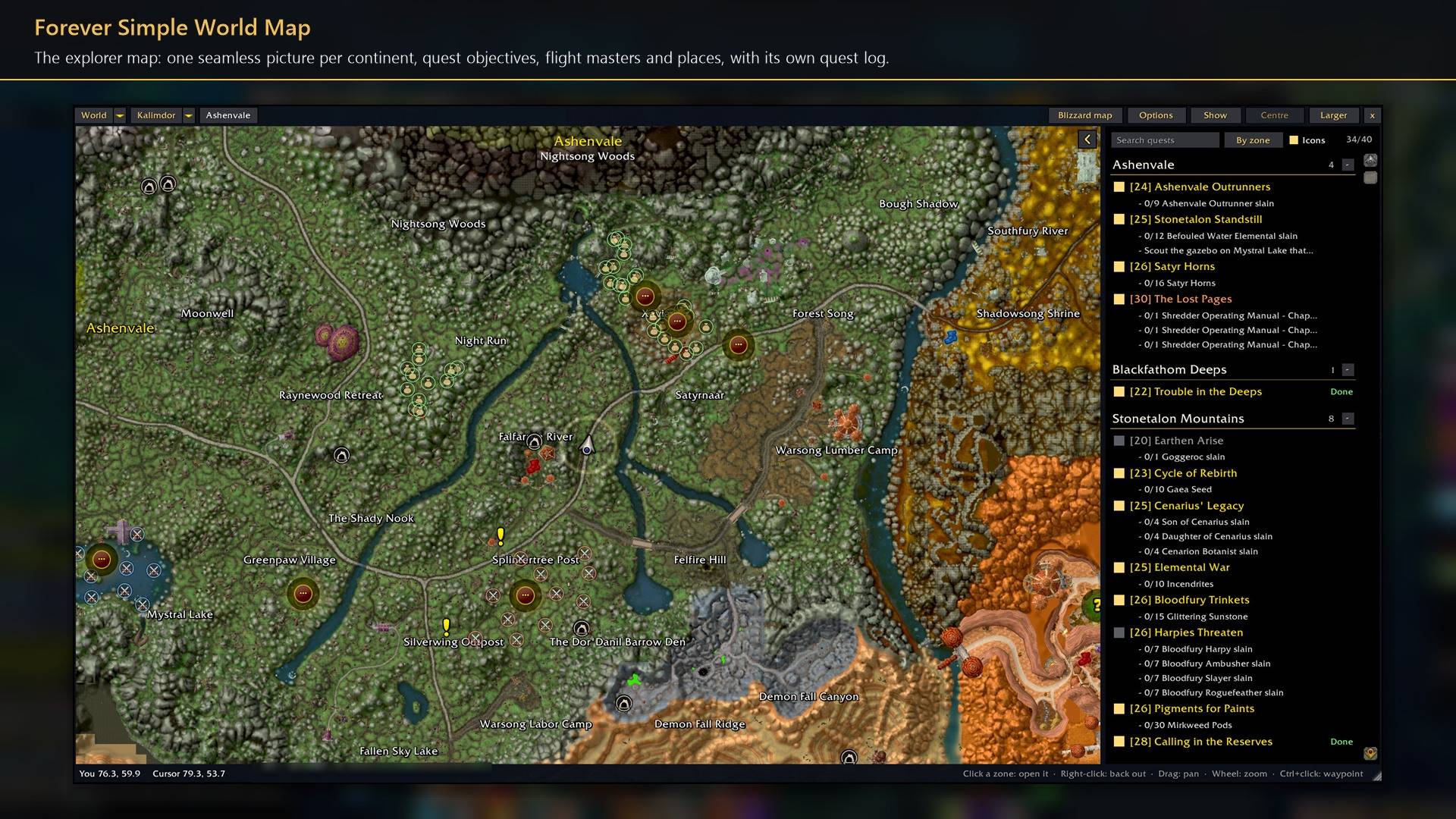 Thumbnail One seamless picture per continent, quest objectives, flight masters and places, with its own quest log.
