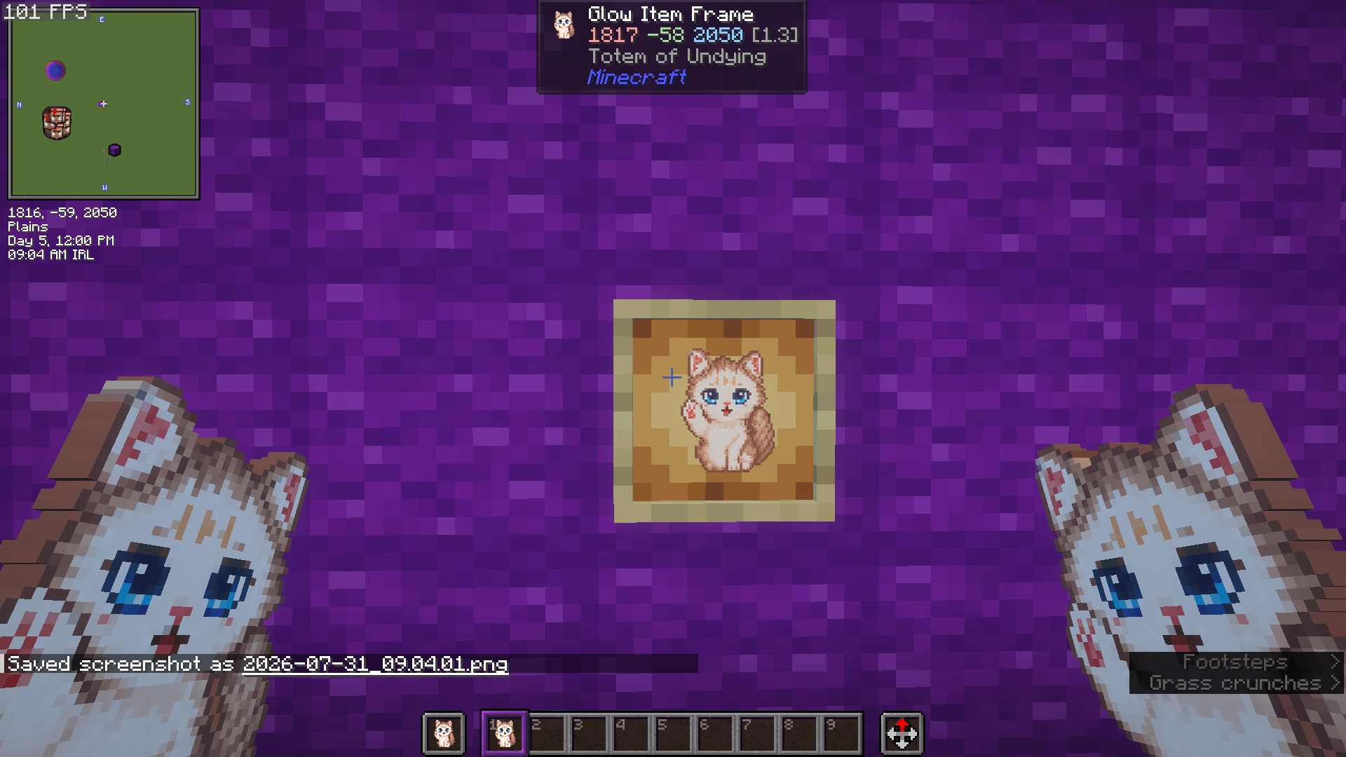 Shyanne’s cat texture is shown in both hands, the hotbar, and a glow item frame. Replaces the vanilla Totem of Undying’s appearance.