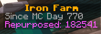 A close-up of the scoreboard showing the iron golem death count and the Minecraft day tracking began.