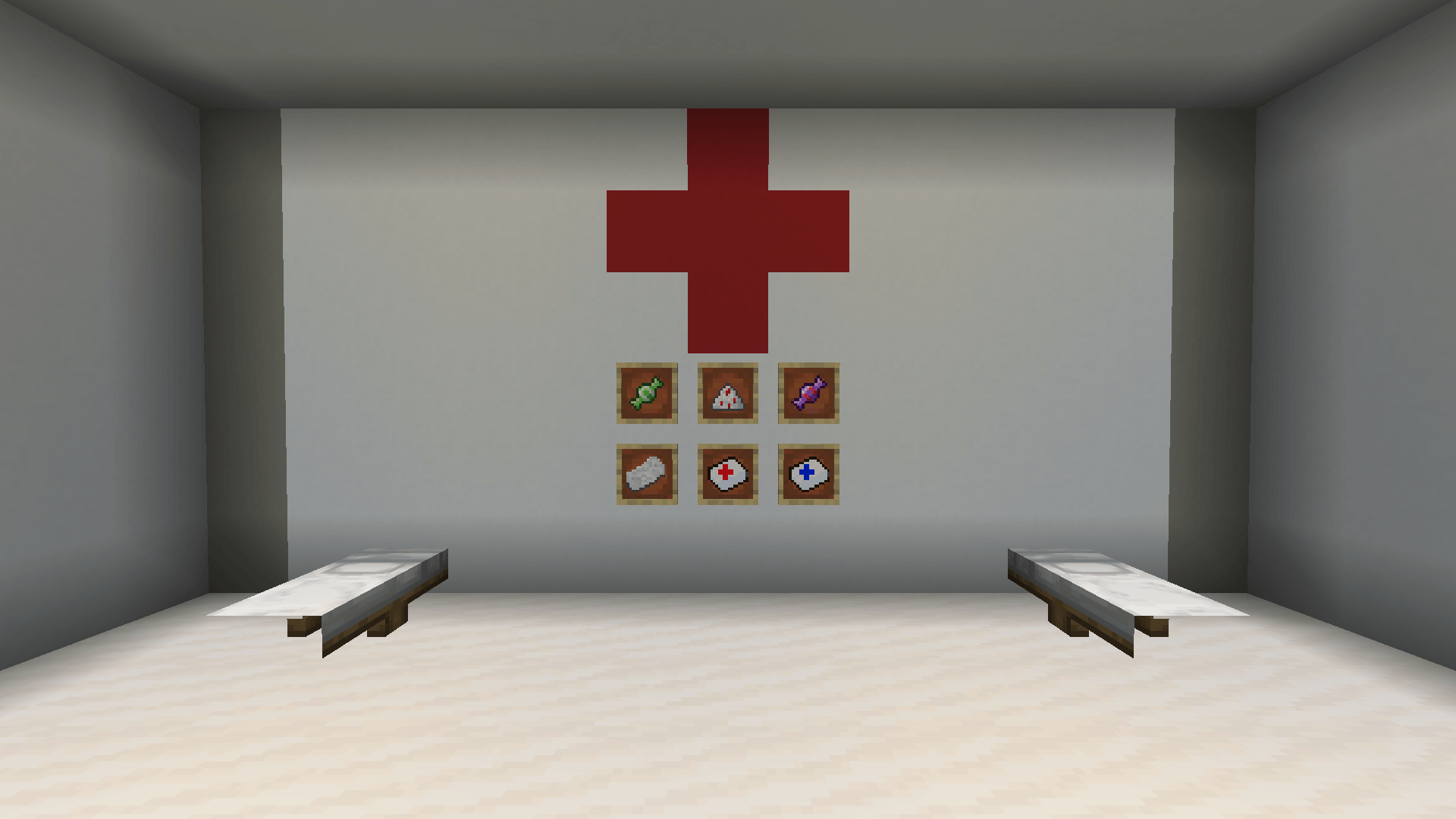 Sweets, powered sugar and powered sweets on top, the bandage, health pack and super health pack below.