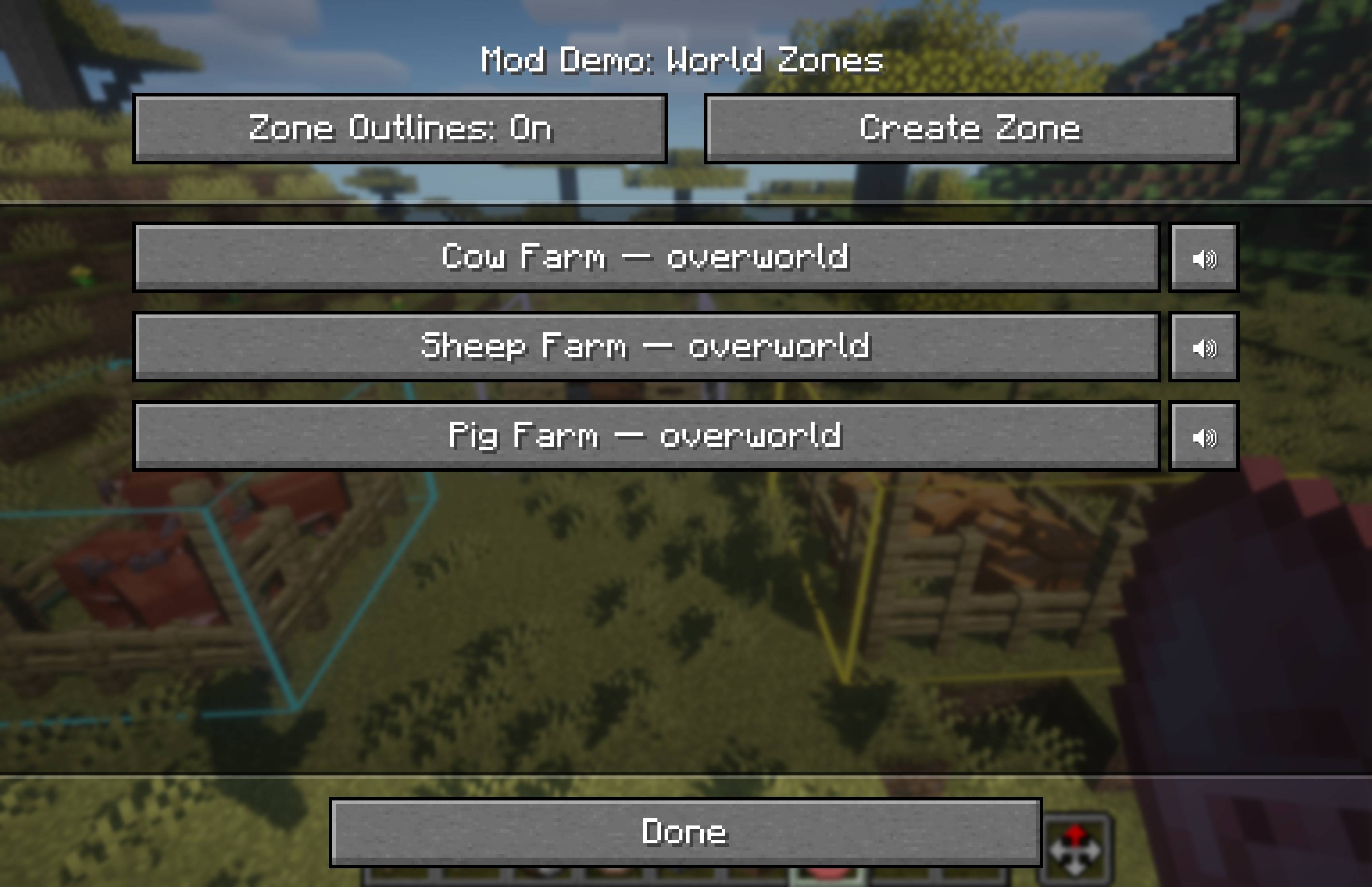 Thumbnail Screenshot showing the selection menu for all the sound zones in a given world with options to quickly disable zones, show and hide the visual outline, and create new zones!