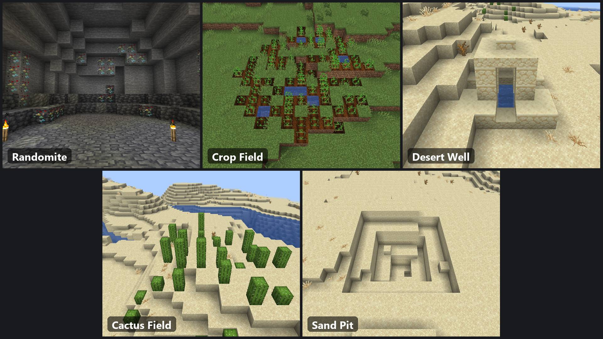 Thumbnail Randomite, a wild crop field, a desert well, a cactus field and a sand pit.