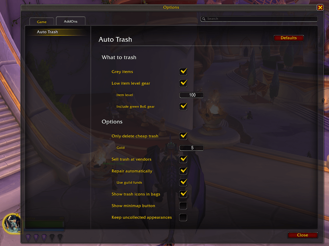 Rules (incl. green BoE gear), gold limit, selling, repairing, bag icons, minimap button, and transmog protection in the game’s options.