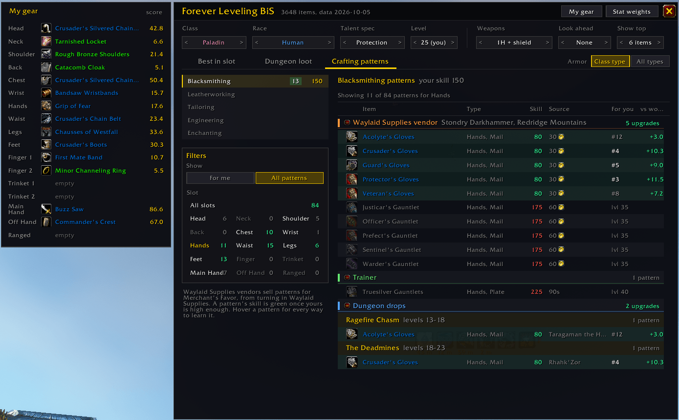 Crafting patterns tab