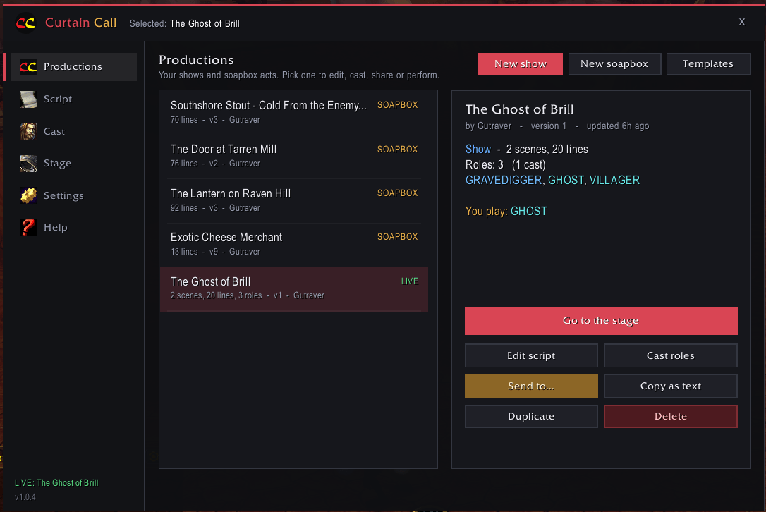 Manage and view saved shows, soapboxes, and live performances currently running .