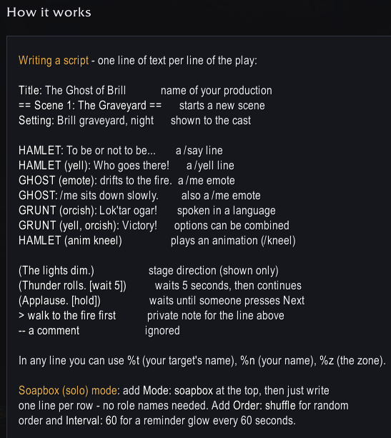 A short guide on how to format each line of your script using the in-game addon or pasted in by using another text editor of choice.