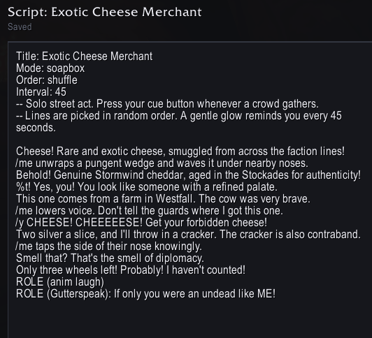 Here's a fine example of what a script would need to look like to randomize what your character says and how often you should be reminded to say it. Don't forge to add "Repeat: yes" under the "Mode" if you don't want a hard end to the show!
