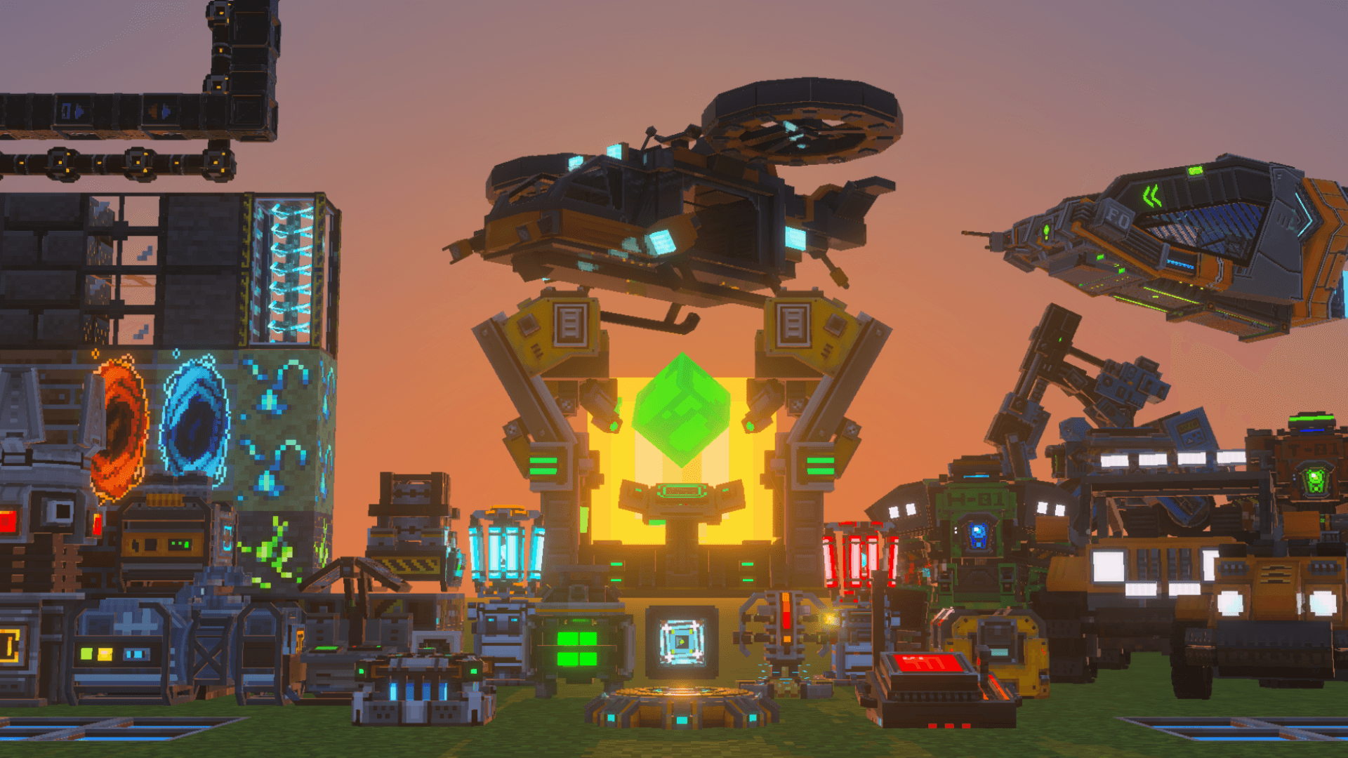 Helicopters, spaceships and machines in a late-game factory.