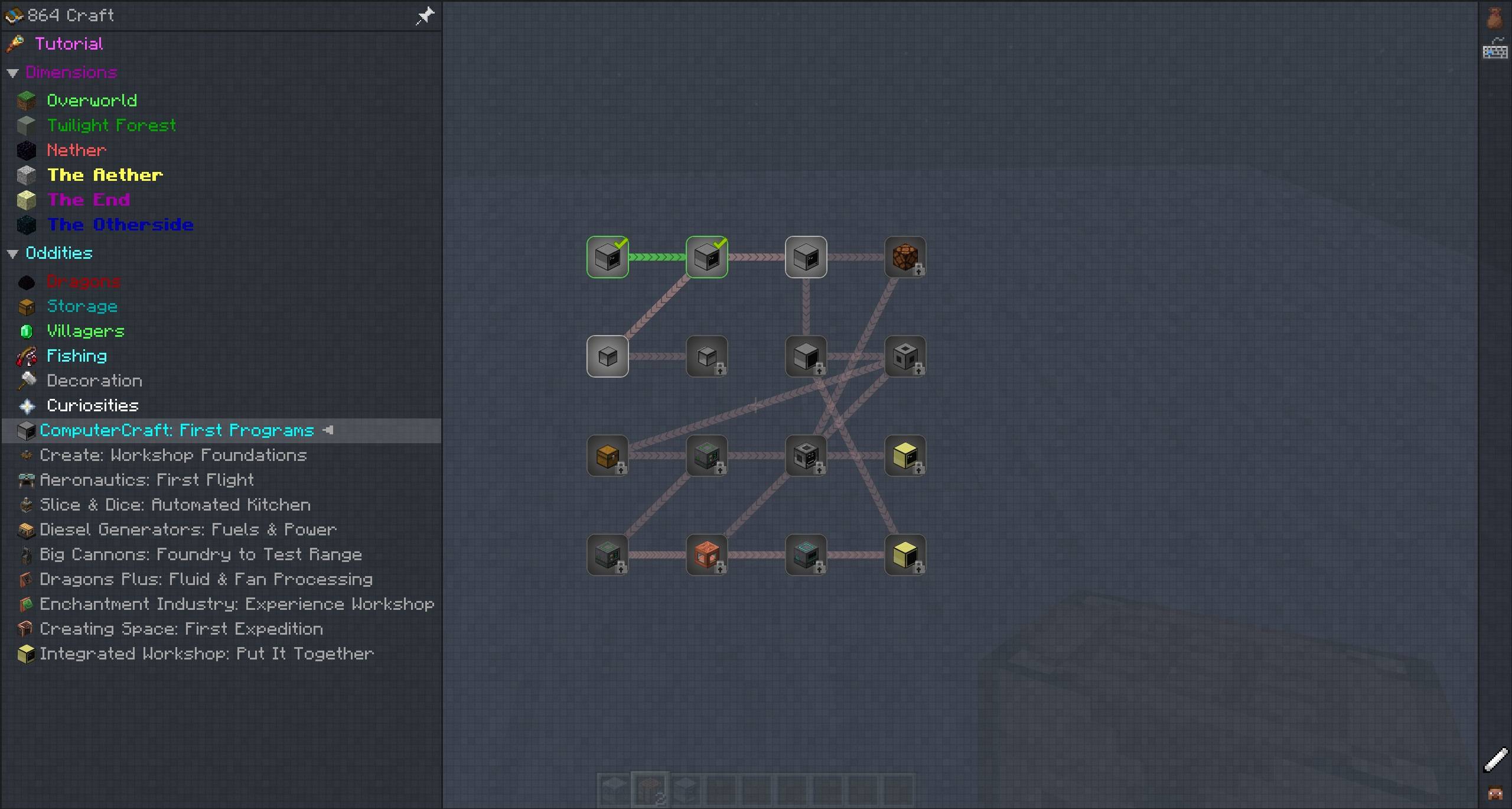 Thumbnail ComputerCraft tutorial quests with completed first lessons, captured during earlier workshop QA. These quests are included in public alpha.9. This image is not an exact alpha.9 runtime test.
