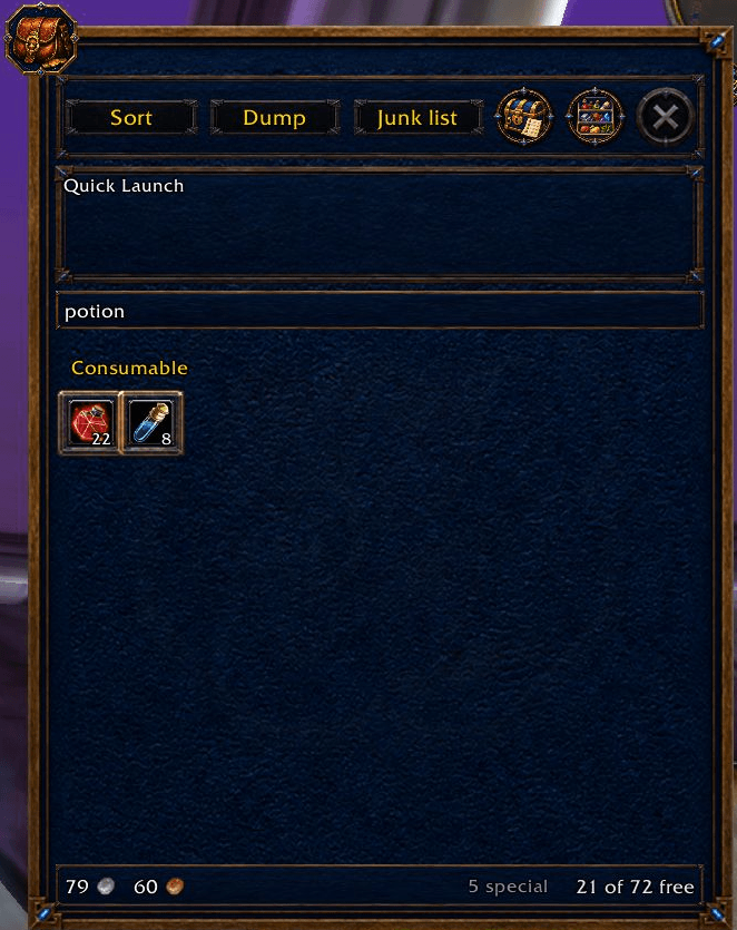 Thumbnail Native, 5 Oct 2026: Current carried bags filtered for potion show two consumable stacks and the existing free-slot count. This is a display search; no item was used, moved, sold or sorted.