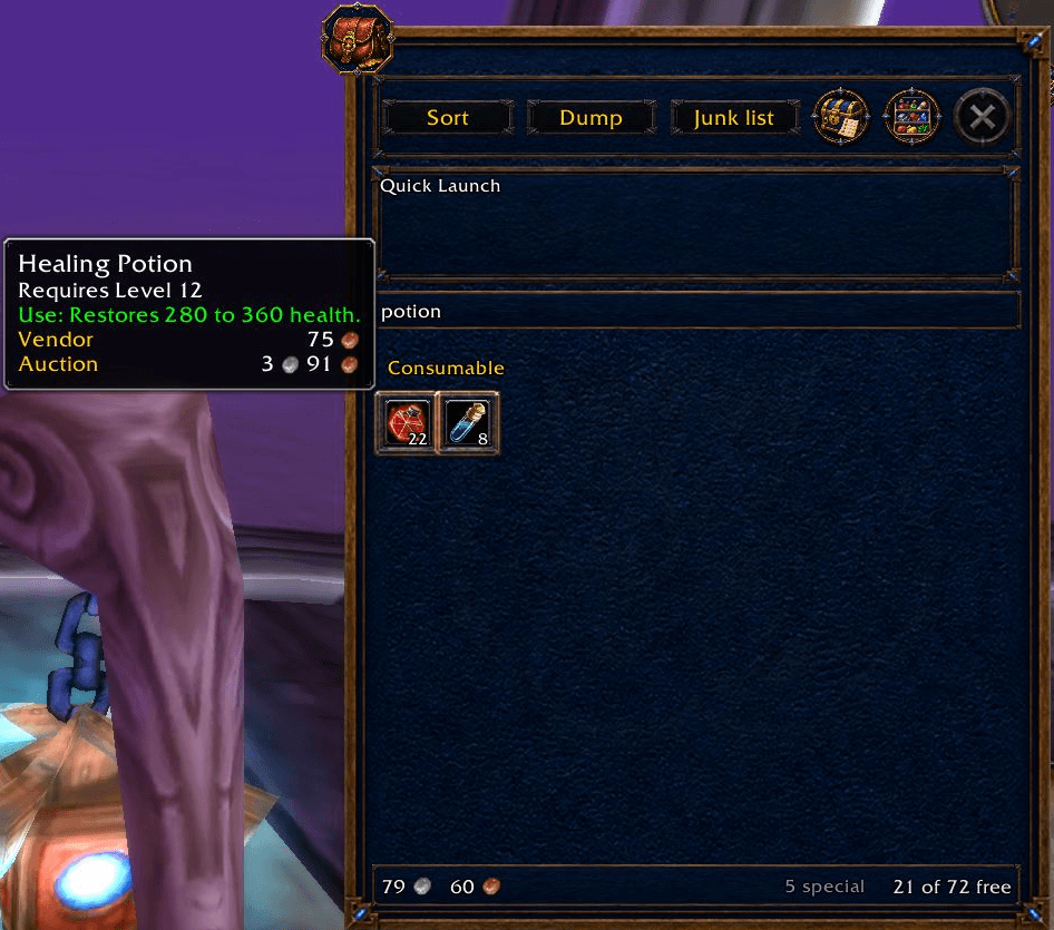 Thumbnail Native, 5 Oct 2026: The actual Healing Potion tooltip appears beside the current potion search. Its requirement/effect and displayed Vendor/Auction rows are tooltip information; no item was used, bought, sold or moved.