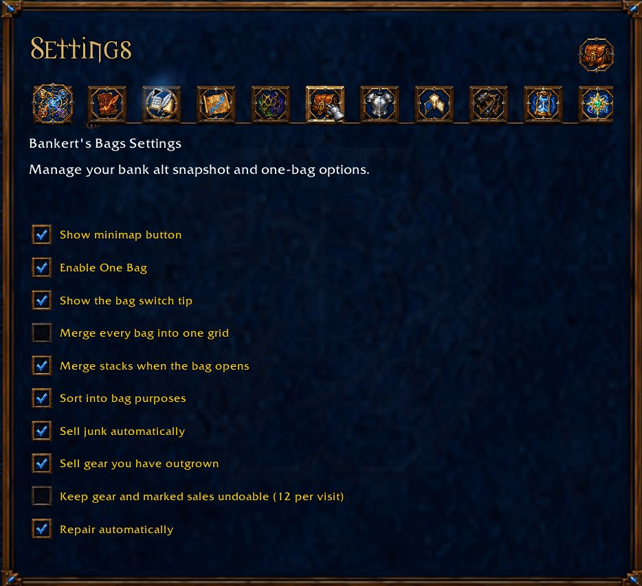 Thumbnail Native, 5 Oct 2026: Existing One Bag, grouping, stack merge, bag-purpose sorting and merchant automation preferences. Complete inner settings panel; no switch changed or inventory/merchant action occurred.