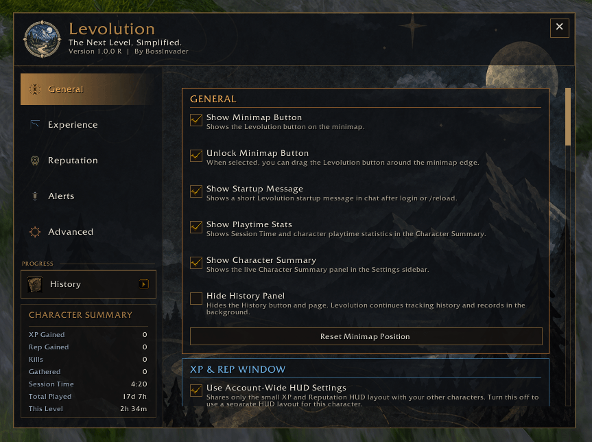 Main settings page for minimap access, startup messages, playtime, Character Summary, History, and account-wide HUD options.