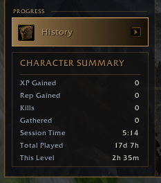 Quick summary of session XP, reputation, kills, gathering, session time, total played, and time this level. This updates dynamically as you play while the addon is running.