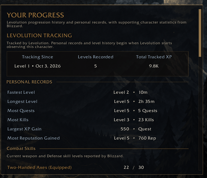Forever History view showing tracked levels, Personal Records, and classic Combat Skills.