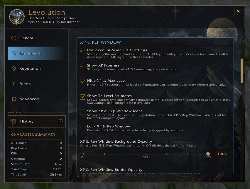 XP & Reputation HUD options for progress, To Level estimates, icons, locking, and appearance.