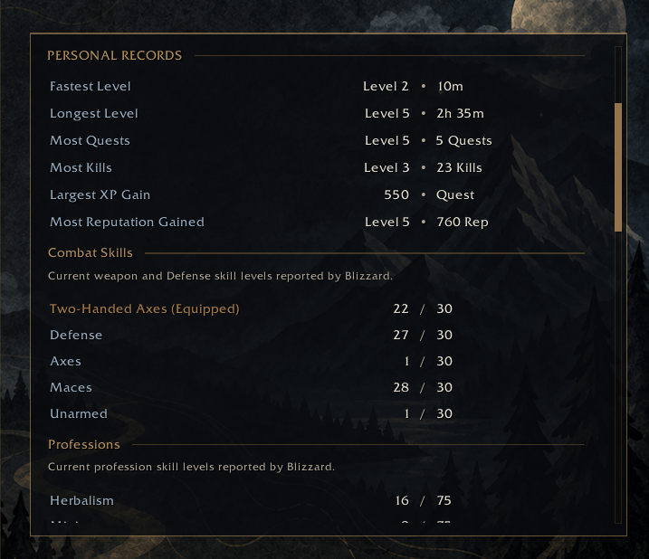 Forever History details showing Personal Records, weapon and Defense skills, equipped weapon highlighting, and profession skills.