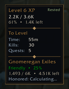 Compact HUD showing rested XP, time, kills and quests to level, plus current reputation progress.