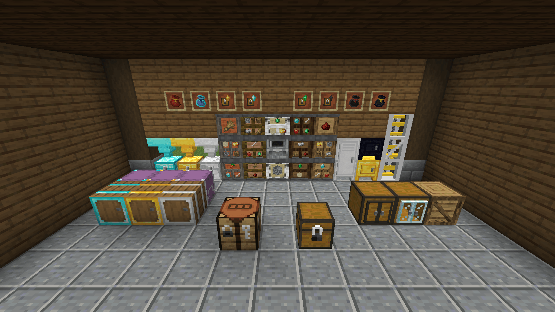 A crate wall with its controller, material chests under hoppers, barrels and shulker boxes, lockers, safes, cabinets and an item tower, bags and level upgrades framed above, and a locked chest by the locksmith workbench.