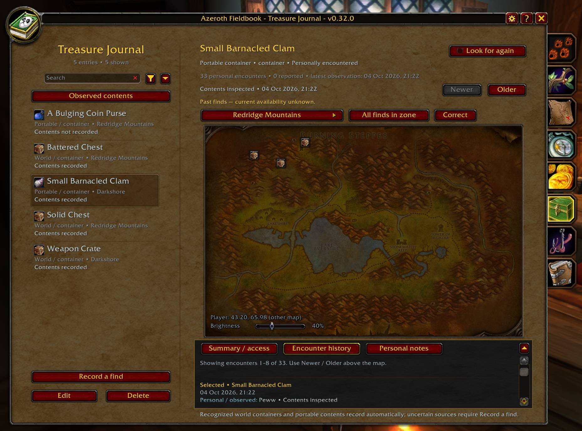 The Treasure Journal tracks opened containers from the world or your inventory.