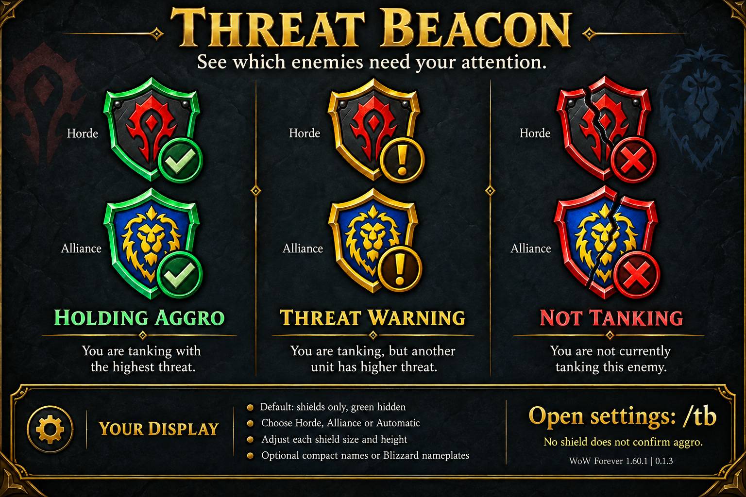 Thumbnail Horde and Alliance shield states, display choices and /tb settings. Green is optional and hidden by default. This is an illustrated guide, not a gameplay screenshot.
