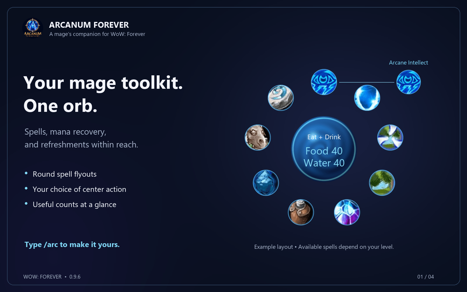 Your mage toolkit. One orb. Example layout; available spells depend on your level.