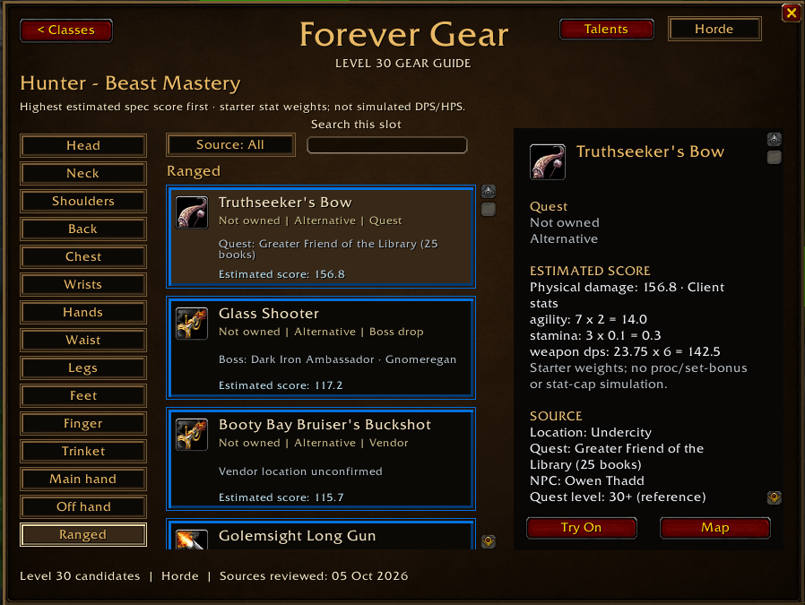 Thumbnail Hunter Beast Mastery gear browser with estimated item scores, quality-colored borders, stat breakdowns, and acquisition details, featuring Truthseeker’s Bow as a 25-book Library quest reward.