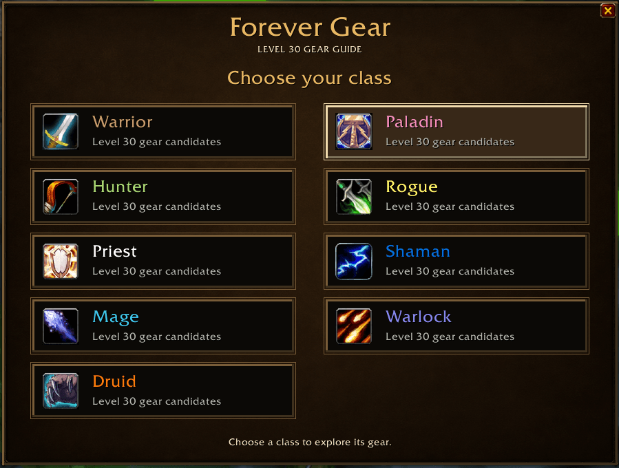 Thumbnail Class selection menu featuring all nine classes, with a brown and gold interface for exploring level 30 gear by specialization.