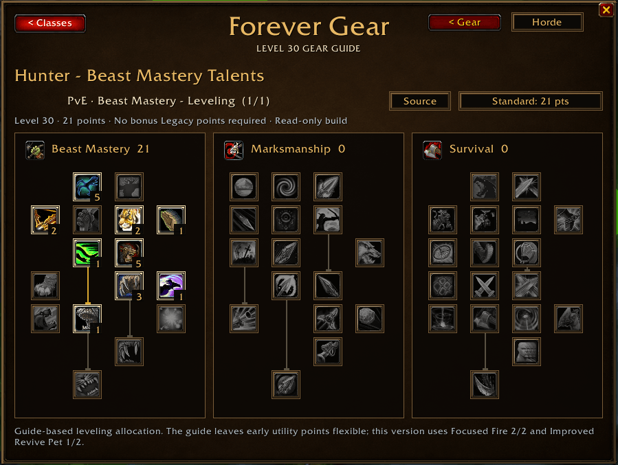 Thumbnail Hunter Beast Mastery talent preview showing a level 30 leveling build with 21 points, talent ranks, prerequisite connections, and mouseover tooltips.