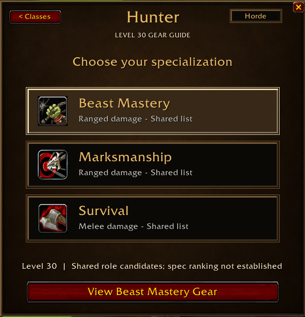 Thumbnail Hunter specialization menu with Beast Mastery, Marksmanship, and Survival options for browsing level 30 gear candidates.