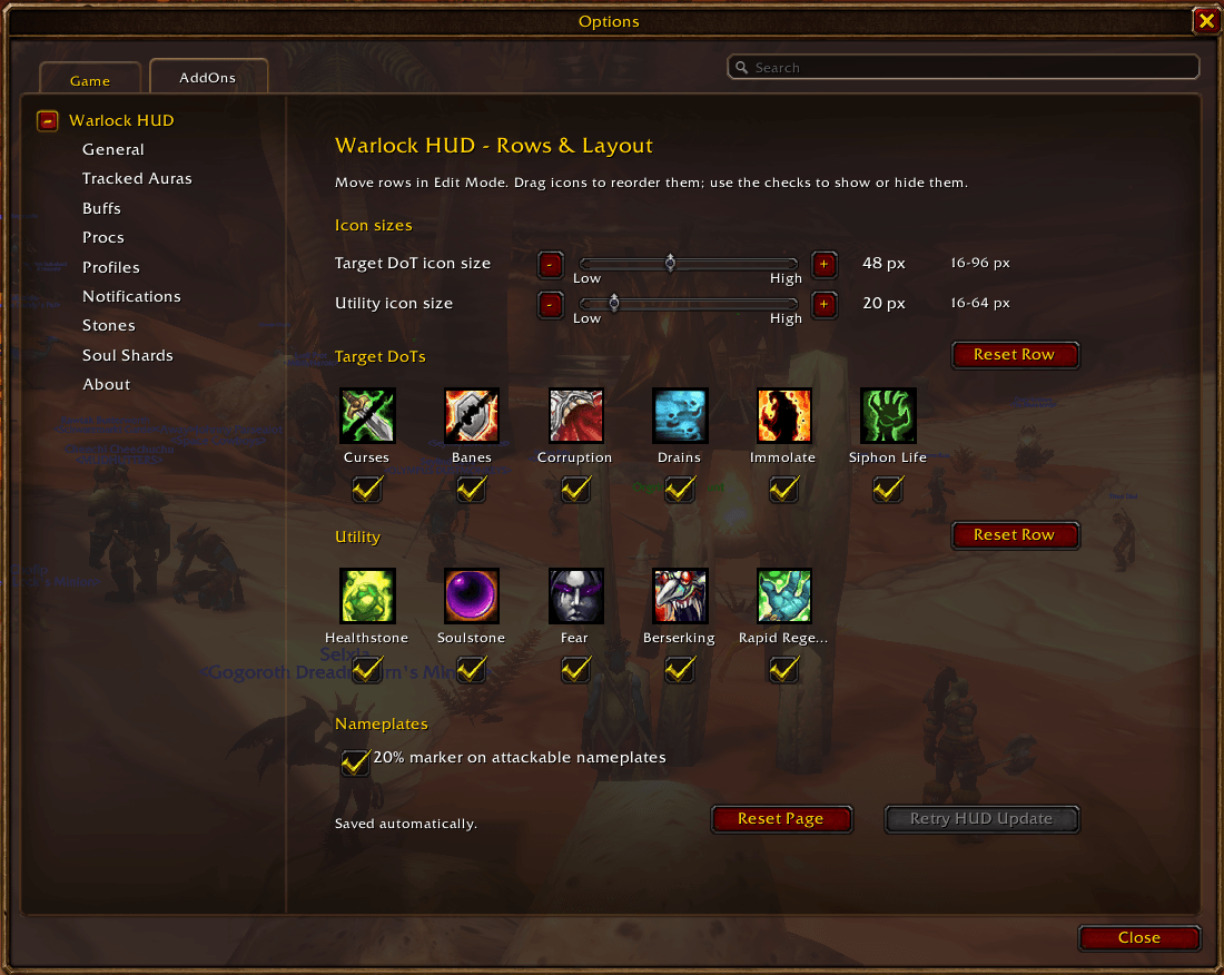 Thumbnail Set Target DoT and Utility icon sizes, reorder or hide slots, and toggle the nameplate 20% marker.