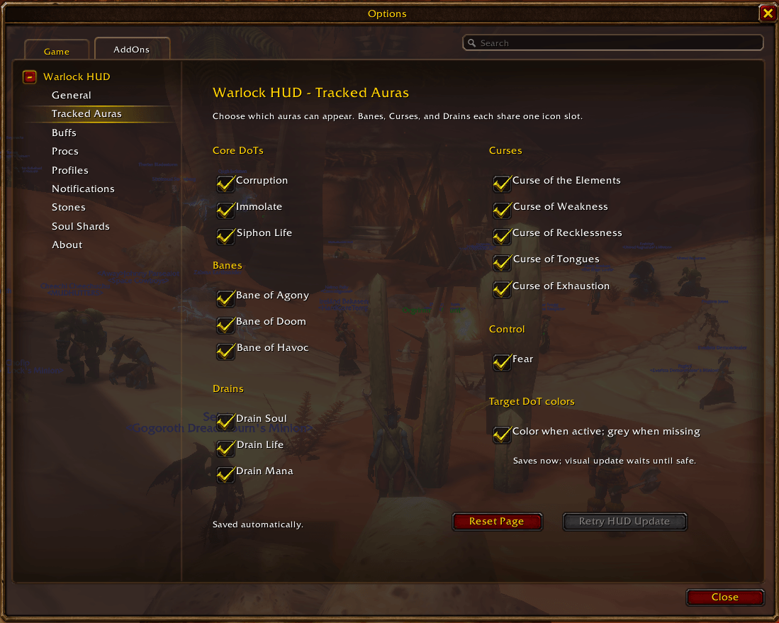 Thumbnail Choose eligible Corruption, Immolate, Siphon Life, Bane, Curse, Drain, and Fear auras. Set whether active Target DoTs appear in color or grey.