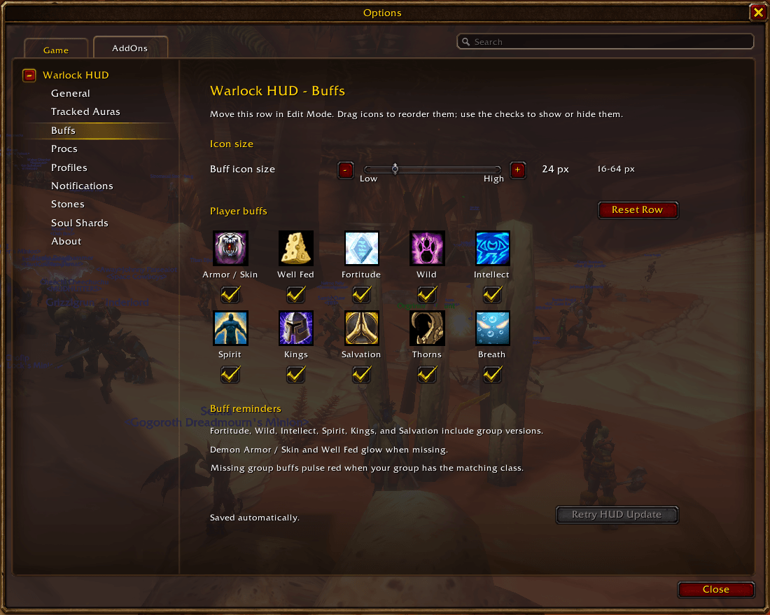 Thumbnail Size, reorder, or hide buff slots. The page also explains group buff reminders.