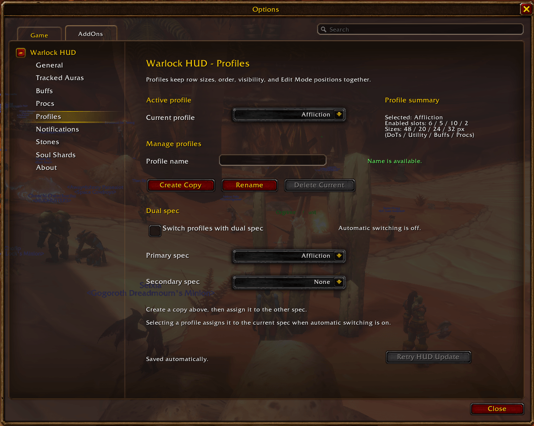 Thumbnail Choose, copy, rename, or delete profiles, and optionally assign them to dual specs. The summary shows enabled slots and row sizes.