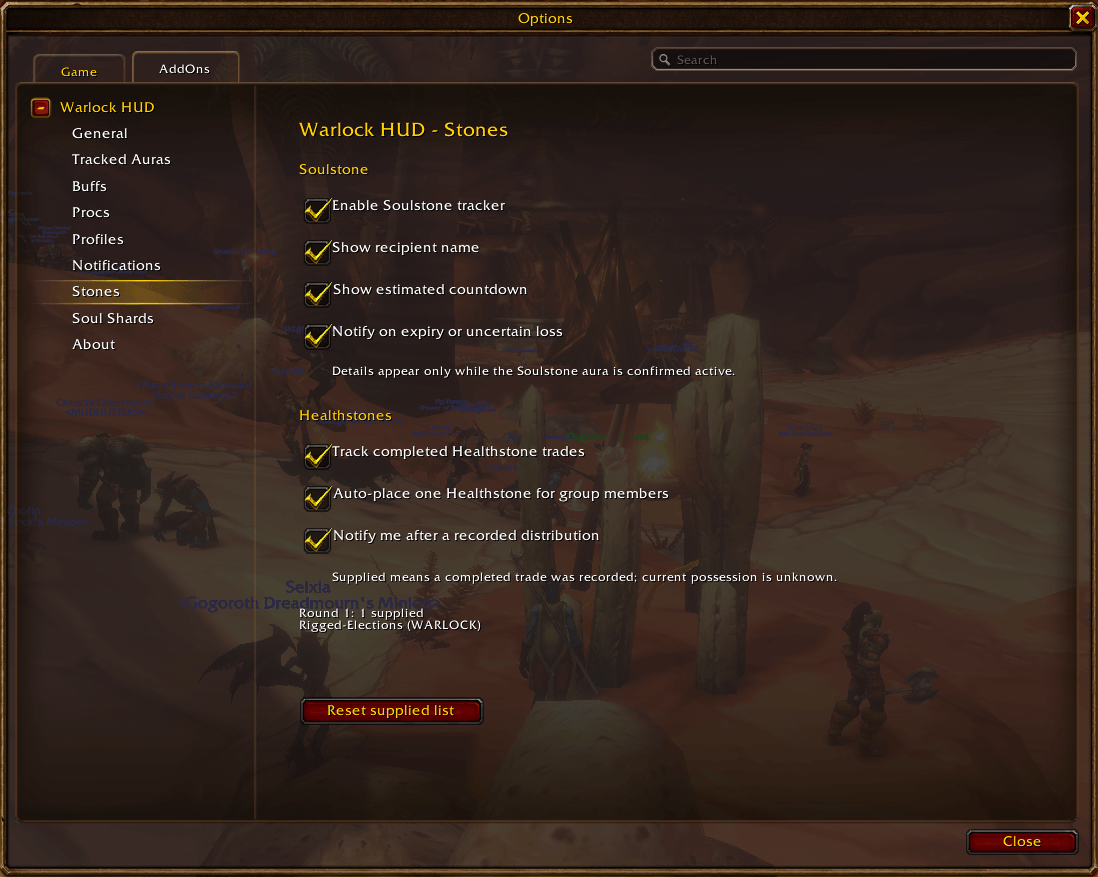 Thumbnail Configure the Soulstone tracker, Healthstone trade records, automatic placement for group members, and the supplied-player list.
